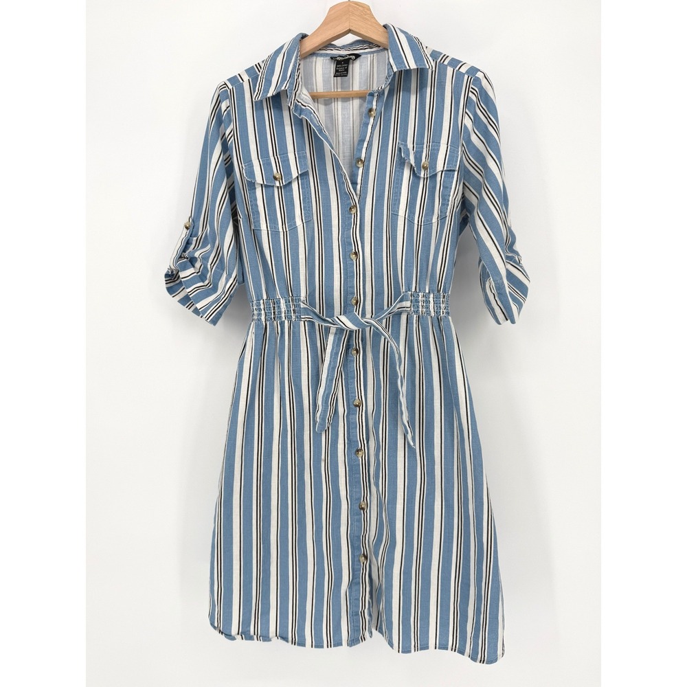 Millenium Blue White Stripe Button Front Shirt Dress‎ Tie Waist Size S Womens